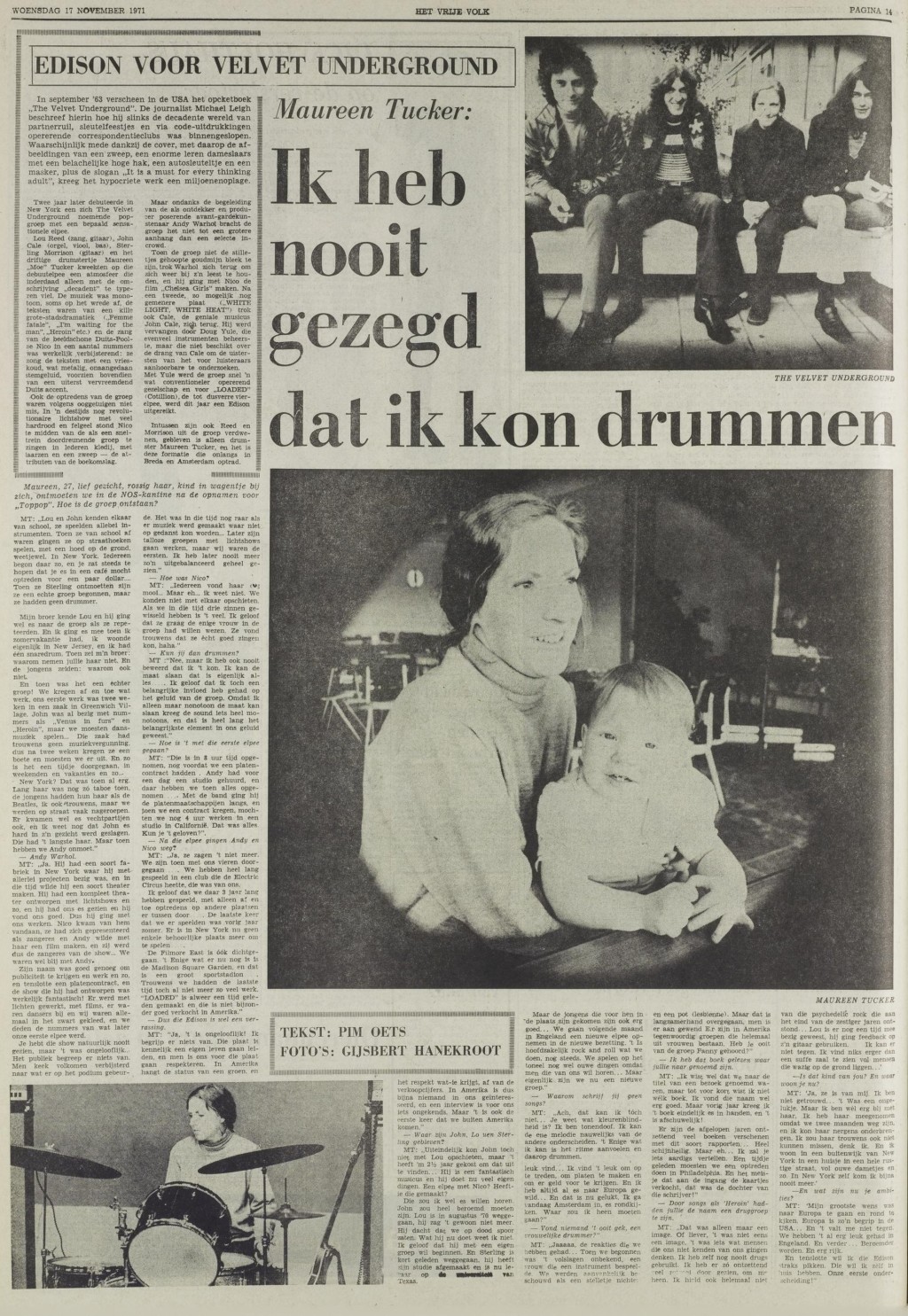 Maureen Tucker of The Velvet Underground Interviewed in The Dutch Press, 1971